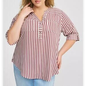 Torrid Women's Harper Challis 3/4 Sleeve Pullover Tunic Top 1X Red White Stripe